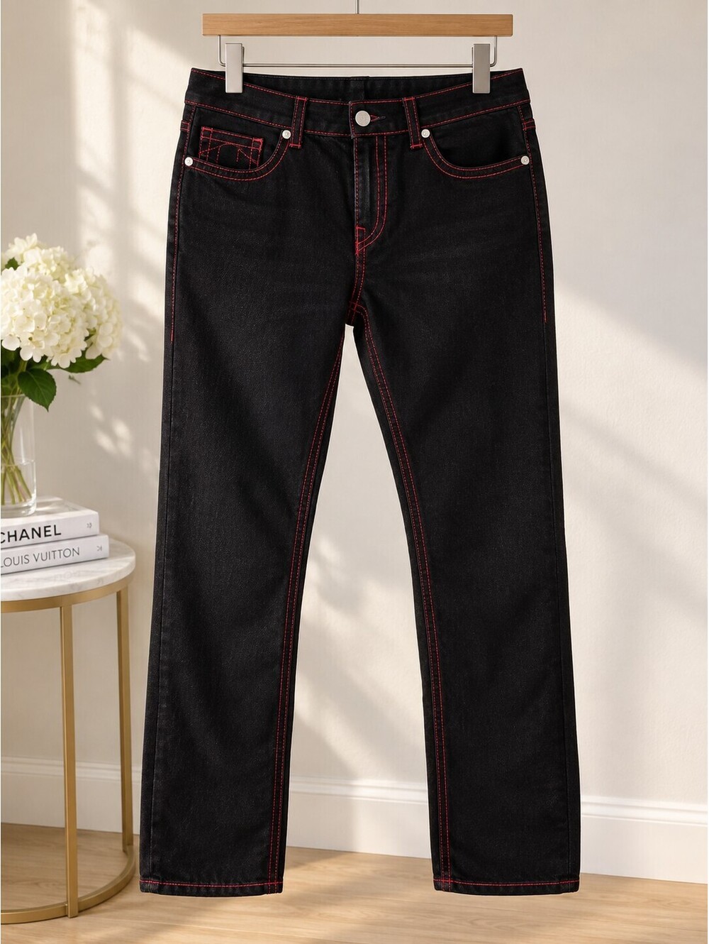 True Religion Ricky Black Jeans with Red Contrast Stitching